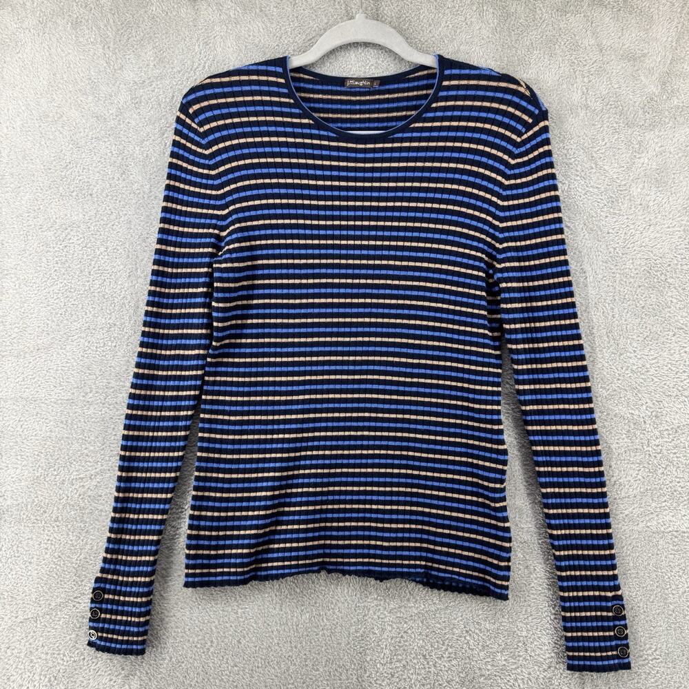 J McLaughlin Sweater Womens L Blue Striped Rib Knit Annette Crew Classic Preppy